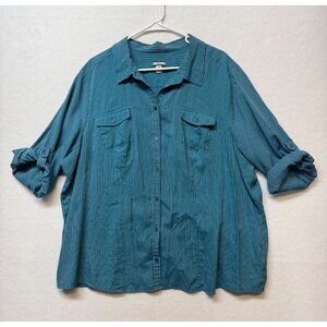 Croft & Barrow Womens 2X Button-Up Turquoise Striped Long Sleeve Roll Sleeve Top